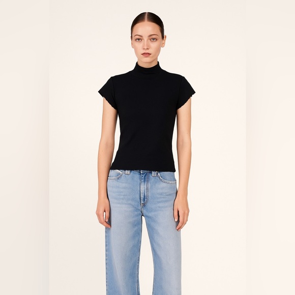 Zara Black Mock Neck Short Sleeve Top Small Minimalist Chic Raw Edge Clean Girl - Picture 1 of 10